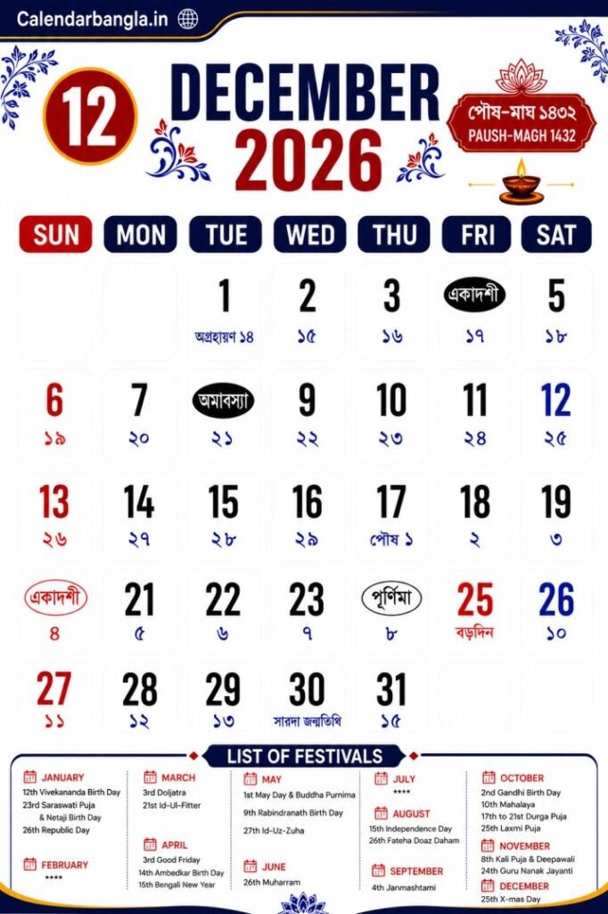 Bengali Calendar December 2026