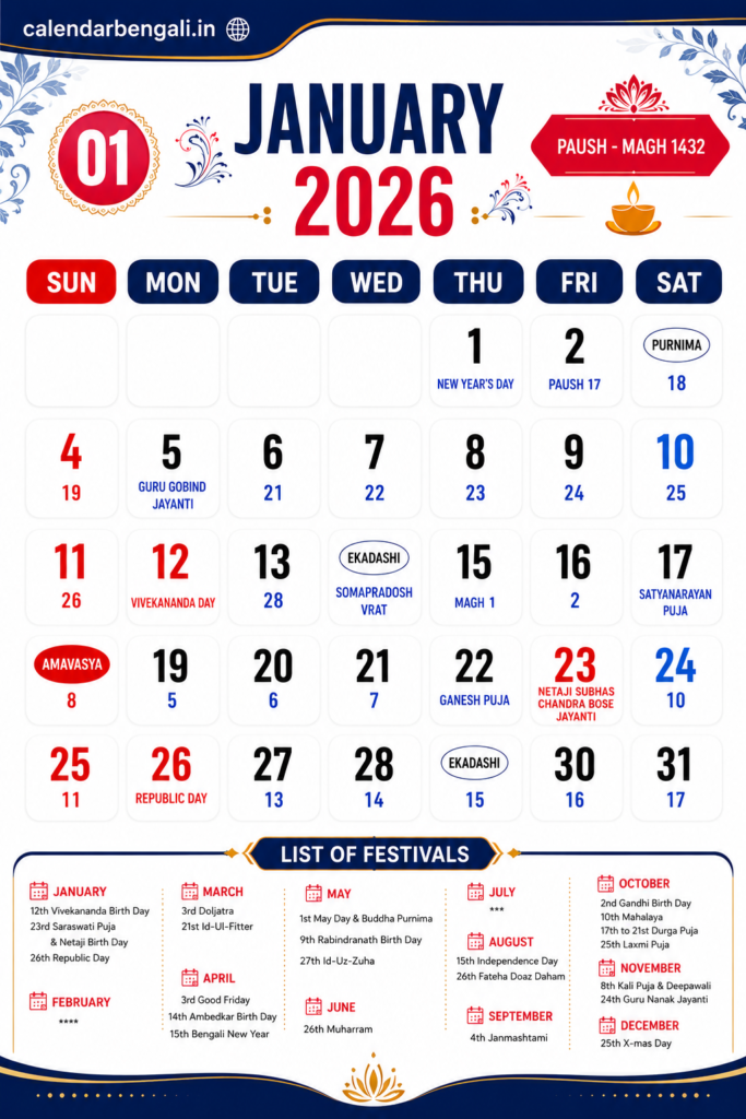 Bengali Calendar January 2026