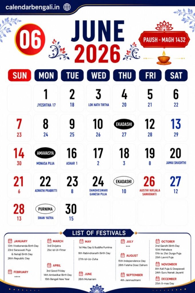 Bengali Calendar June 2026