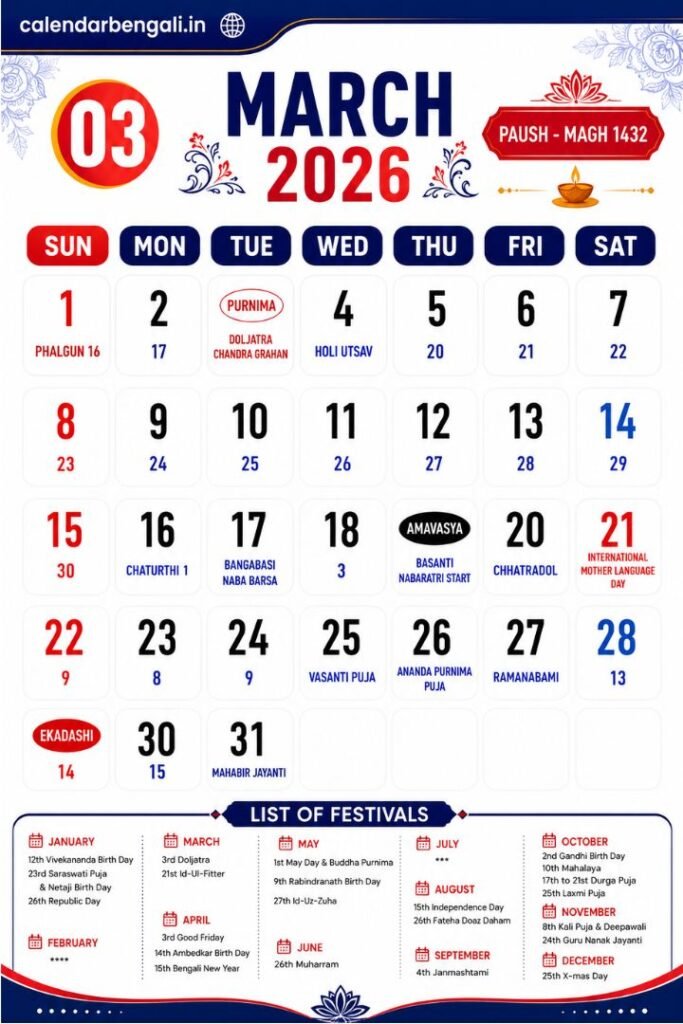Bengali Calendar March 2026